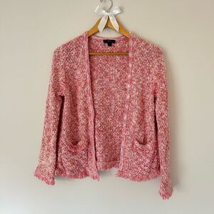 J. Crew Pink and White Tweed Knit Fringe Cardigan